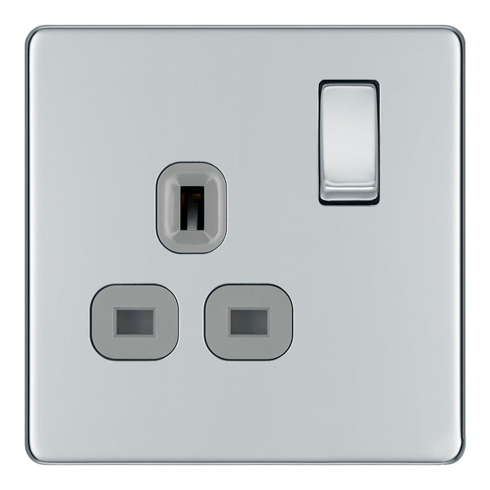 BG FPC21G Flatplate Screwless Single Socket 13A - Grey Insert - Polished Chrome - westbasedirect.com