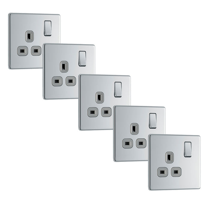 BG FPC21G Flatplate Screwless Single Socket 13A - Grey Insert - Polished Chrome (5 Pack) - westbasedirect.com
