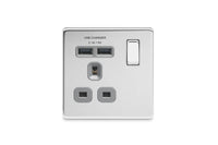 BG FPC21U2G Flatplate Screwless Single Socket + 2x USB - Grey Insert - Polished Chrome