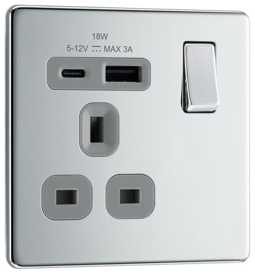 BG FPC21UAC18G Flatplate Screwless 13A Single Switched Power Socket + USB A+C (18W) - Polished Chrome + Grey Insert - westbasedirect.com