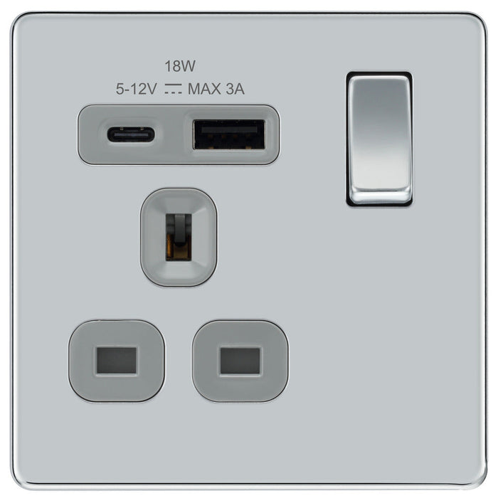 BG FPC21UAC18G Flatplate Screwless 13A Single Switched Power Socket + USB A+C (18W) - Polished Chrome + Grey Insert - westbasedirect.com
