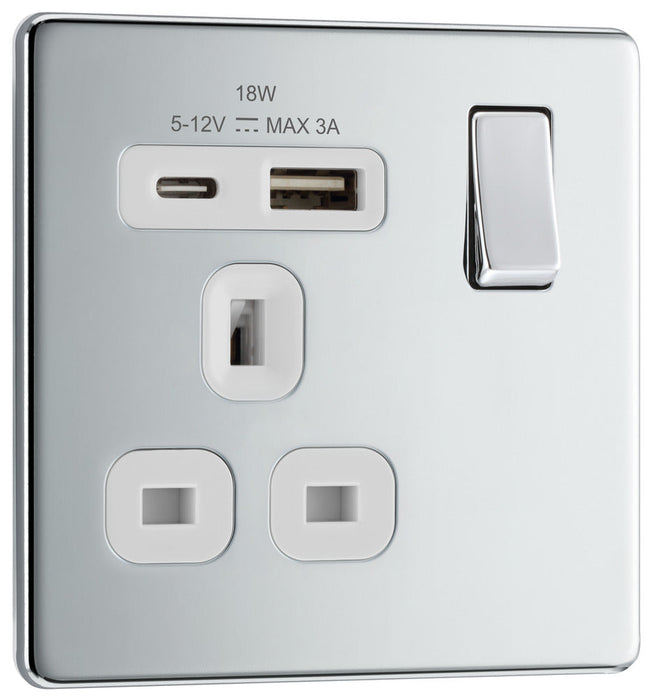 BG FPC21UAC18W Flatplate Screwless 13A Single Switched Power Socket + USB A+C (18W) - Polished Chrome + White Insert - westbasedirect.com