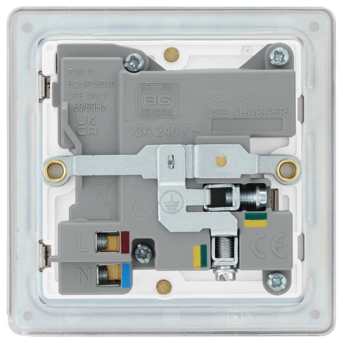 BG FPC21UAC18W Flatplate Screwless 13A Single Switched Power Socket + USB A+C (18W) - Polished Chrome + White Insert - westbasedirect.com