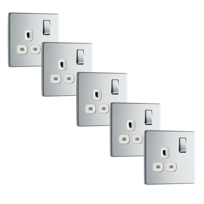 BG FPC21W Flatplate Screwless Single Socket 13A - White Insert - Polished Chrome (5 Pack) - westbasedirect.com