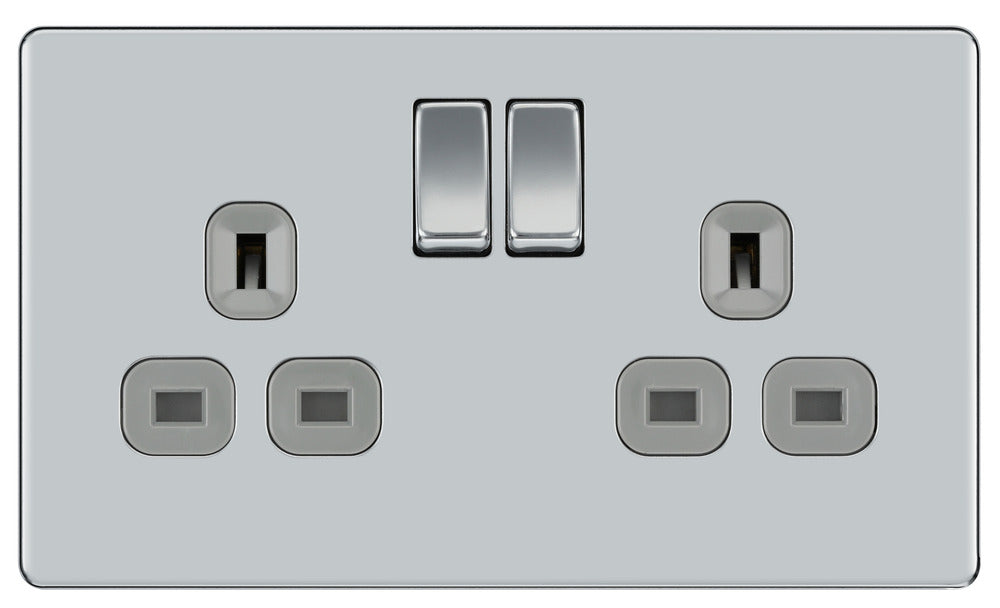 BG FPC22G Flatplate Screwless Double Socket 13A - Grey Insert - Polished Chrome - westbasedirect.com