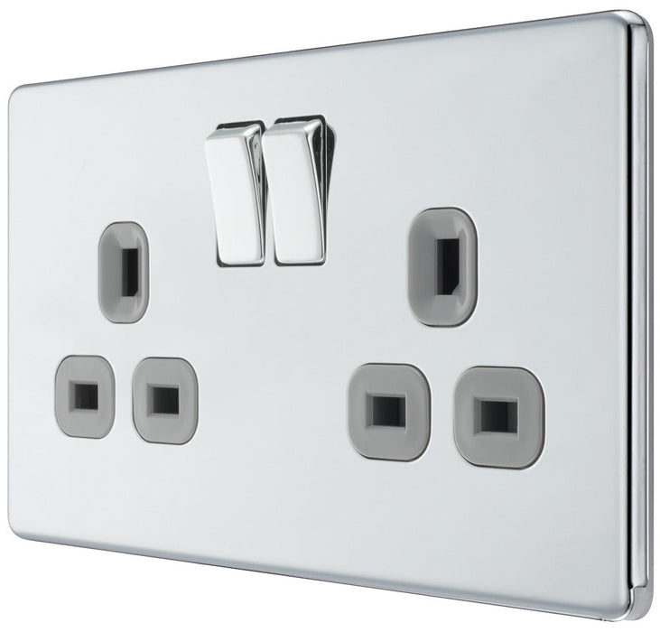 BG FPC22G Flatplate Screwless Double Socket 13A - Grey Insert - Polished Chrome - westbasedirect.com