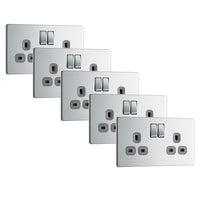 BG FPC22Gx5 Flatplate Screwless Double Socket 13A - Grey Insert - Polished Chrome (5 Pack)
