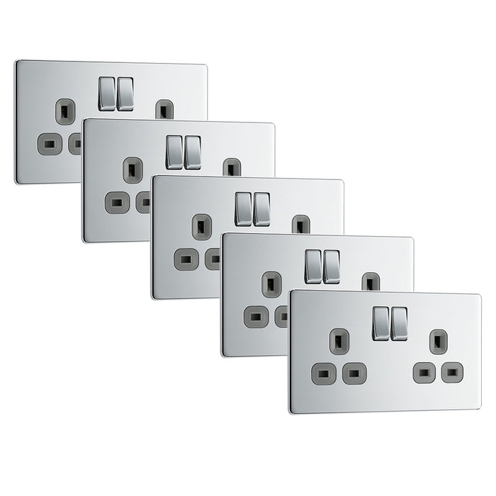 BG FPC22G Flatplate Screwless Double Socket 13A - Grey Insert - Polished Chrome (5 Pack) - westbasedirect.com
