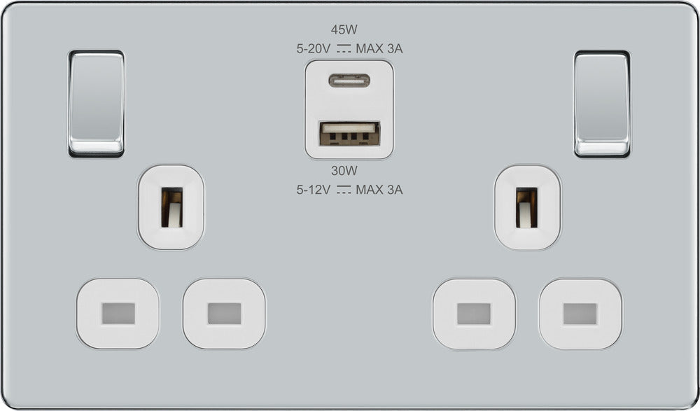 BG FPC22UAC45W Flatplate Screwless 13A Double Switched Power Socket + USB A+C (45W) - Polished Chrome + White Insert - westbasedirect.com