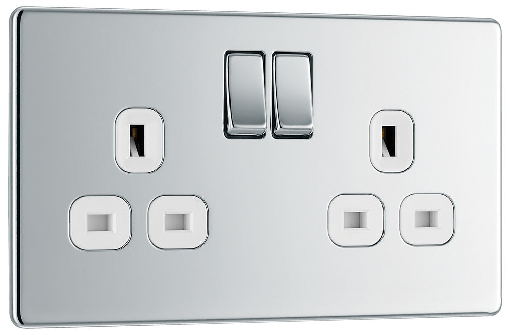BG FPC22W Flatplate Screwless Double Socket 13A - White Insert - Polished Chrome - westbasedirect.com