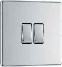 BG FPC42 Flatplate Screwless 20A 16AX 2 Way Double Light Switch - Polished Chrome