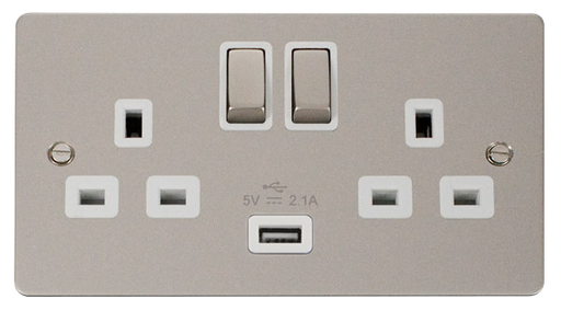 Click Define FPPN570WH Flat Plate 13A Ingot 2G Switched Socket + 1x2.1A USB - Pearl Nickel (White) - westbasedirect.com