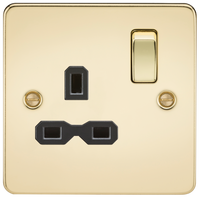 Knightsbridge FPR7000PB Flat Plate 13A 1G DP Switch Socket - Polished Brass + Black Insert