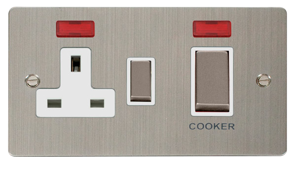 Click Define FPSS505WH Flat Plate 45A Ingot 2G DP Switch + 13A DP Switched Socket + Neon - Stainless Steel (White) - westbasedirect.com
