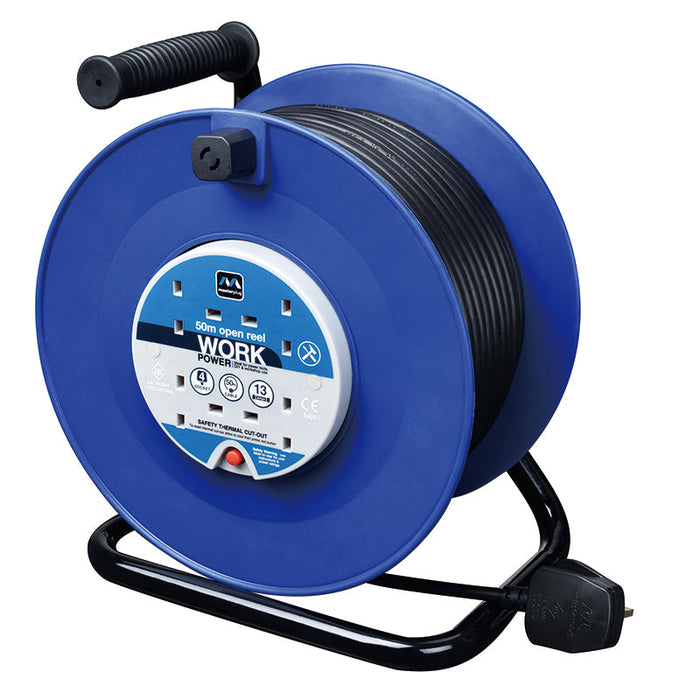 Masterplug 4 Socket 50m 13A Large Open Reel - Blue - westbasedirect.com