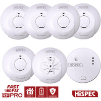 HiSPEC MAINS Power RADIO FREQUENCY 5x Smoke, 1x Heat & 1x CO Detector RF10-PRO with 10Yr Rechargeable Lithium Battery Backup