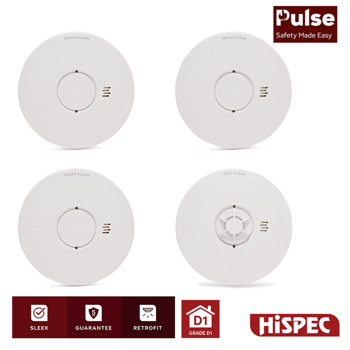 HiSPEC PULSE Mains 3x Optical Smoke Alarm & 1x Heat Alarm c/w 10 Year Lithium Battery Backup (Full Unit) - westbasedirect.com