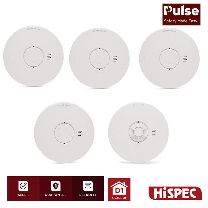 HiSPEC PULSE Mains 4x Optical Smoke Alarm & 1x Heat Alarm c/w 10 Year Lithium Battery Backup (Full Unit) - westbasedirect.com