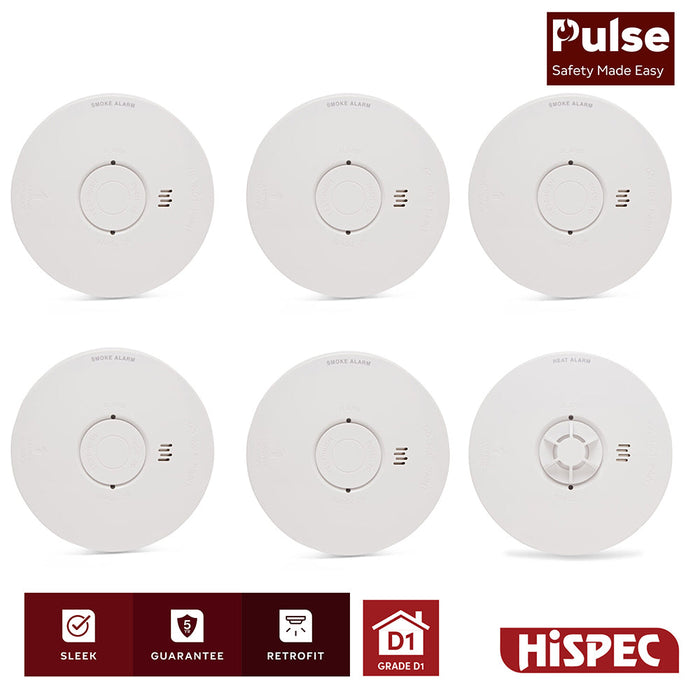 HiSPEC PULSE Mains 5x Optical Smoke Alarm & 1x Heat Alarm c/w 10 Year Lithium Battery Backup (Full Unit) - westbasedirect.com
