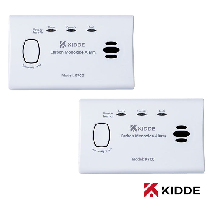 Kidde 2x K7CO Battery Powered Carbon Monoxide Alarm Alkaline Batteries, 10 Year Sensor Life (Box) (Twin Pack) - westbasedirect.com