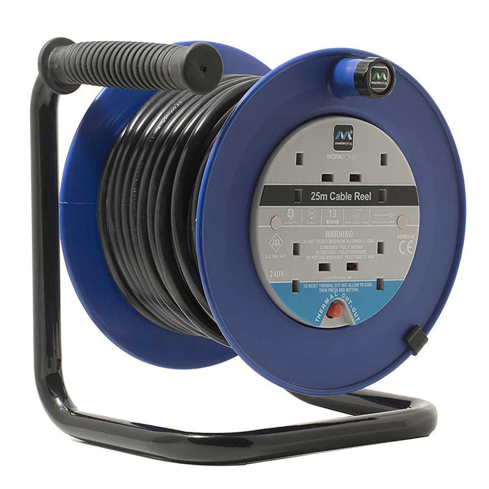 Masterplug 4 Socket 25m 13A Medium Open Reel with RCD - Blue - westbasedirect.com