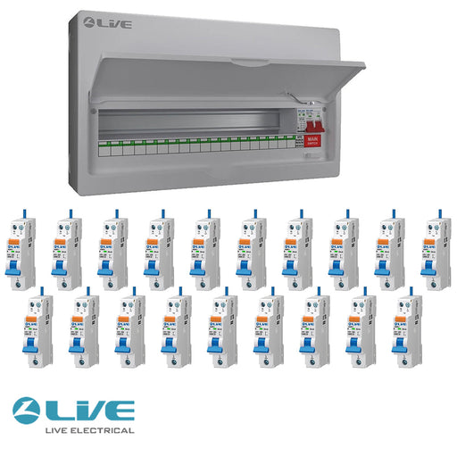 LIVE Electrical LSMC22M-SP 19 Usable Way 20/40kA T2 SPD Metal Consumer Unit & 19 AMR Type A Bi-Directional RCBOs - westbasedirect.com
