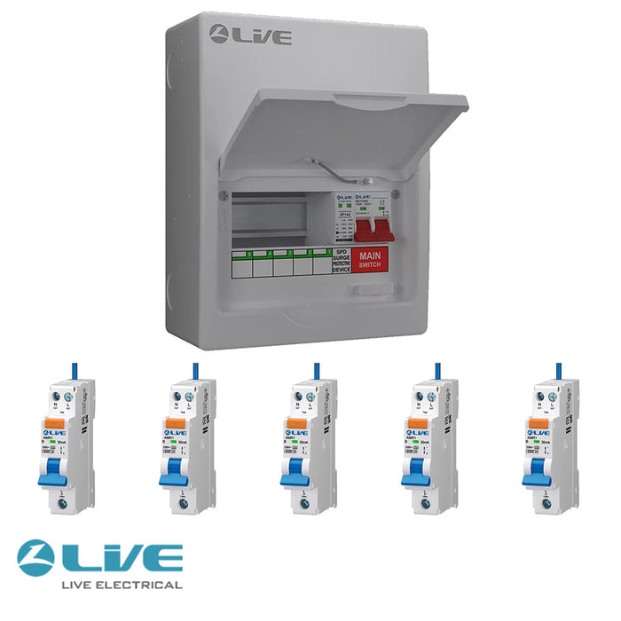 LIVE Electrical LSMC8M-SP 5 Usable Way 20/40kA T2 SPD Metal Consumer Unit & 5 AMR Type A Bi-Directional RCBOs - westbasedirect.com