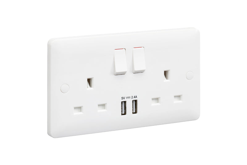 MK Base MB24345WHI White Moulded 13A 2G SP Switched Socket + 2xUSB 2.4A - westbasedirect.com