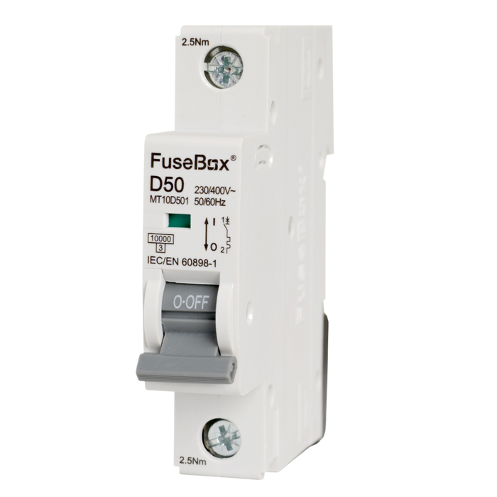 FuseBox MT10D501 50A 1P D Curve 10kA MCB - westbasedirect.com