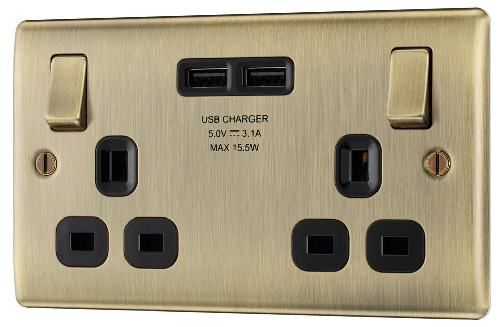 BG NAB22U3B Nexus Metal Double Socket + 2x USB /Black Insert - Antique Brass - westbasedirect.com