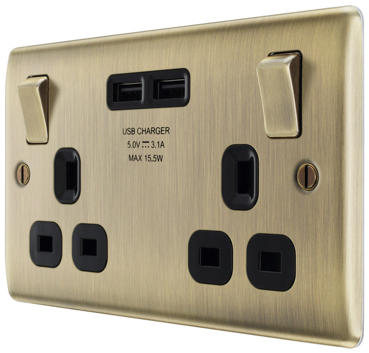 BG NAB22U3B Nexus Metal Double Socket + 2x USB /Black Insert - Antique Brass - westbasedirect.com