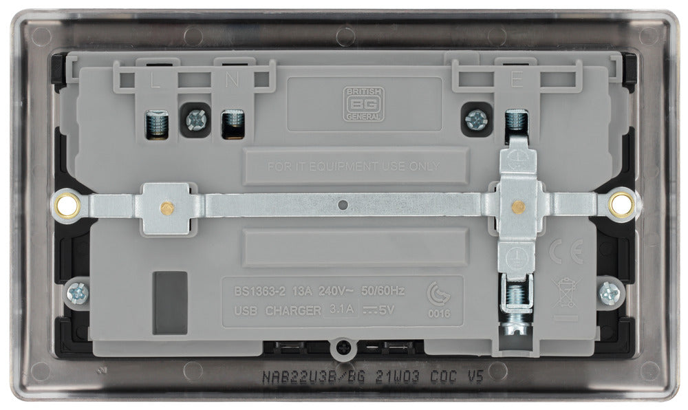 BG NAB22U3B Nexus Metal Double Socket + 2x USB /Black Insert - Antique Brass - westbasedirect.com