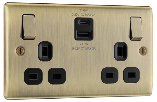 BG NAB22UAC22B Nexus Metal 13A Double Switched Power Socket + USB A+C (22W) - Antique Brass + Black Insert - westbasedirect.com