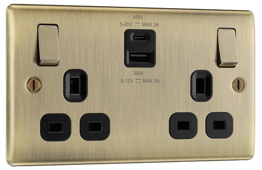 BG NAB22UAC45B Nexus Metal 13A Double Switched Power Socket + USB A+C (45W) - Antique Brass + Black Insert - westbasedirect.com