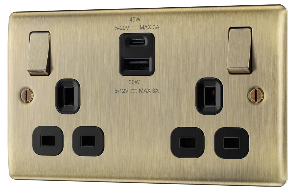 BG NAB22UAC45B Nexus Metal 13A Double Switched Power Socket + USB A+C (45W) - Antique Brass + Black Insert - westbasedirect.com