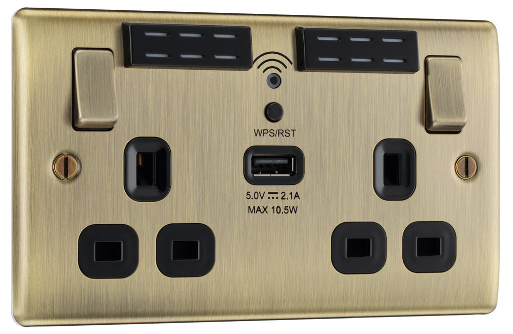 BG NAB22UWRB Nexus Metal Double Socket 13A + Wifi Extender +1x USB(2.1A) - Black Insert - Antique Brass - westbasedirect.com