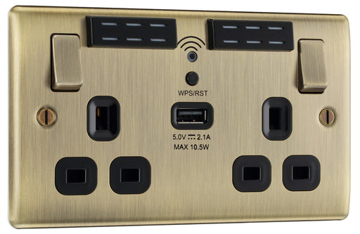 BG NAB22UWRB Nexus Metal Double Socket 13A + Wifi Extender +1x USB(2.1A) - Black Insert - Antique Brass - westbasedirect.com