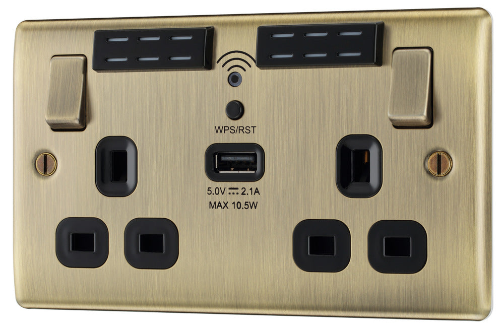 BG NAB22UWRB Nexus Metal Double Socket 13A + Wifi Extender +1x USB(2.1A) - Black Insert - Antique Brass - westbasedirect.com