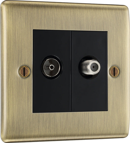 BG NAB65 Nexus Metal 2 Gang Satellite & Co-axial Socket - Black Insert - Antique Brass - westbasedirect.com