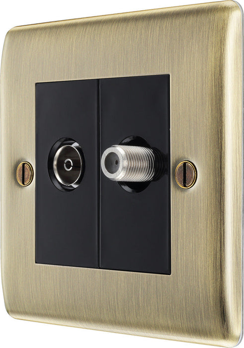 BG NAB65 Nexus Metal 2 Gang Satellite & Co-axial Socket - Black Insert - Antique Brass - westbasedirect.com