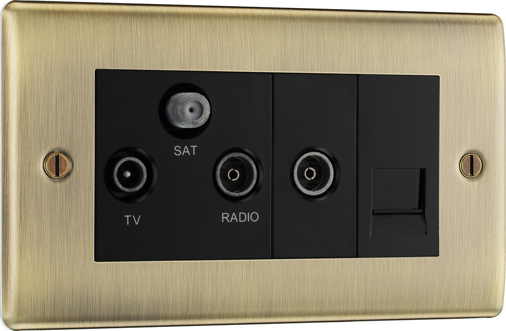 BG NAB68 Nexus Metal Triplex TV/FM/Sat Socket + Return & Tel. - Black Insert - Antique Brass - westbasedirect.com