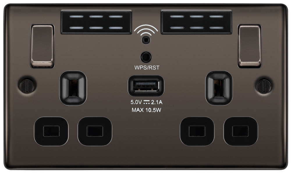 BG NBN22UWRB Nexus Metal Double Socket 13A + Wifi Extender +1x USB(2.1A) - Black Insert - Black Nickel - westbasedirect.com