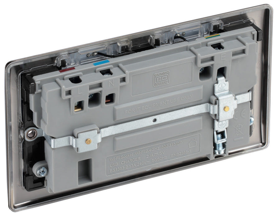 BG NBN22UWRB Nexus Metal Double Socket 13A + Wifi Extender +1x USB(2.1A) - Black Insert - Black Nickel - westbasedirect.com