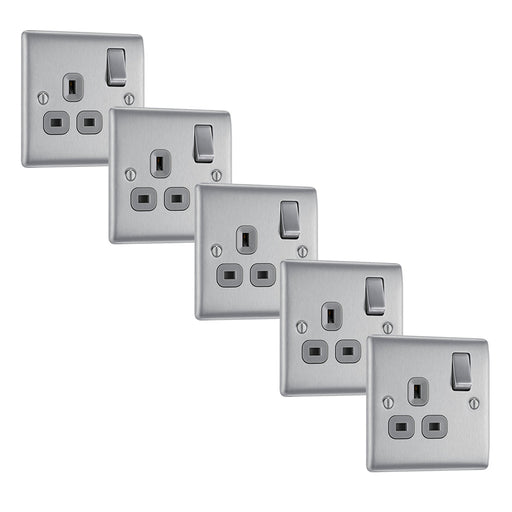 BG NBS21G Nexus Metal Single Socket 13A - Grey Insert - Brushed Steel (5 Pack) - westbasedirect.com