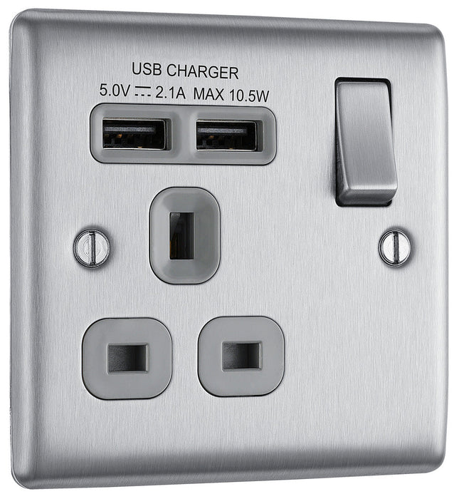 BG NBS21U2G Nexus Metal Single Socket + 2x USB - Grey Insert - Brushed Steel - westbasedirect.com