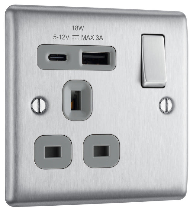 BG NBS21UAC18G Nexus Metal 13A Single Switched Power Socket + USB A+C (18W) - Brushed Steel + Grey Insert - westbasedirect.com