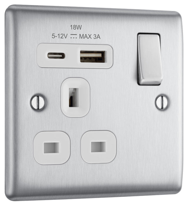 BG NBS21UAC18W Nexus Metal 13A Single Switched Power Socket + USB A+C (18W) - Brushed Steel + White Insert - westbasedirect.com