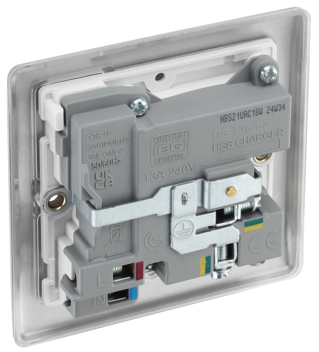 BG NBS21UAC18W Nexus Metal 13A Single Switched Power Socket + USB A+C (18W) - Brushed Steel + White Insert - westbasedirect.com