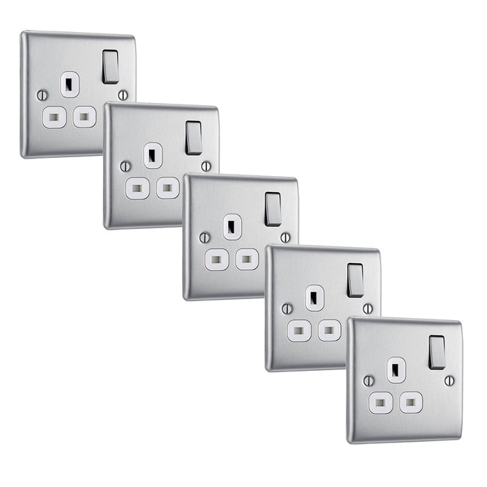 BG NBS21W Nexus Metal Single Socket 13A - White Insert - Brushed Steel (5 Pack) - westbasedirect.com