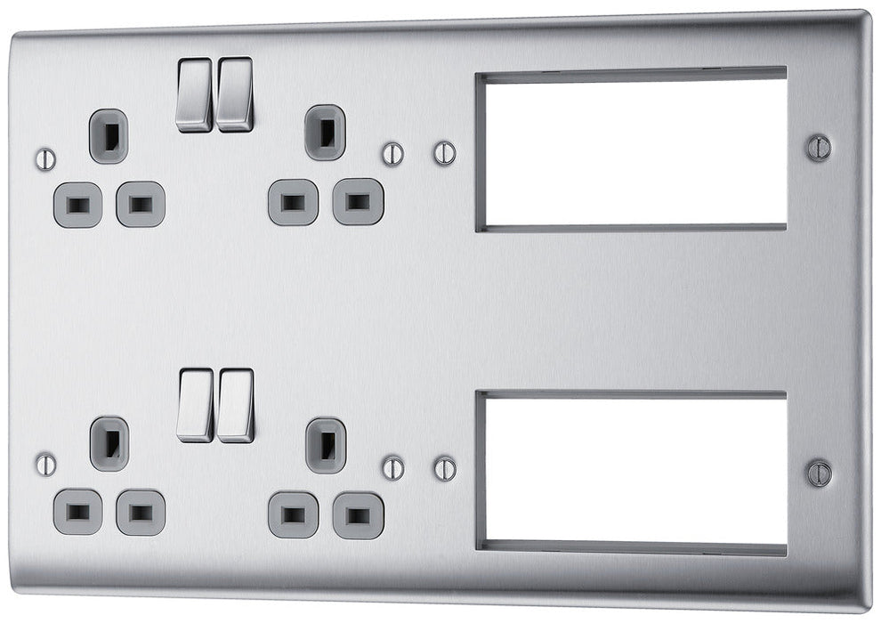 BG NBS222EM8G Nexus Metal 2x 2G Socket 13A + 2x 4 Module Aperture - Grey Insert - Brushed Steel - westbasedirect.com